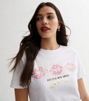 New Look White Floral Metallic Lips Logo T-Shirt